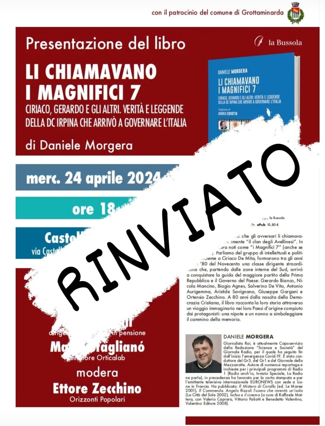 Rinviata la presentazione del libro di Morgera: "Li chiamavano i magnifici 7"